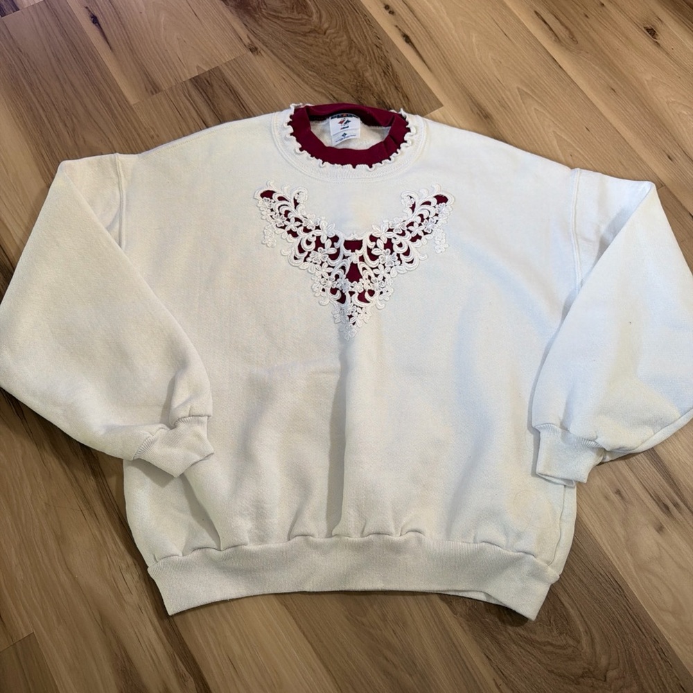 Jerzees Cream Sweater with Red Lace Accent